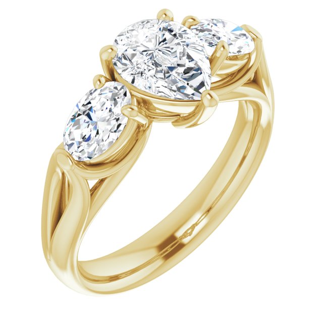 10K Yellow Gold Customizable Cathedral-set 3-stone Pear Cut Style with Dual Oval Cut Accents & Wide Split Band