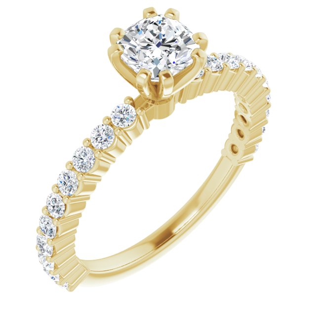 10K Yellow Gold Customizable 8-prong Cushion Cut Design with Thin, Stackable Pav? Band