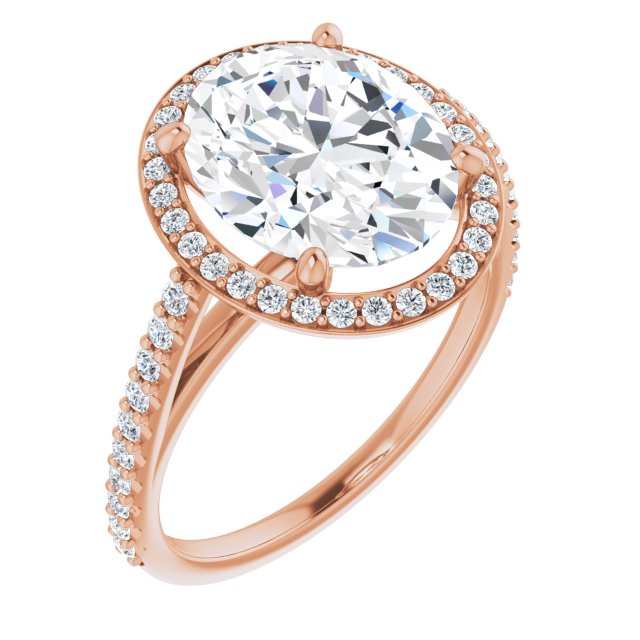 10K Rose Gold Customizable Oval Cut Design with Halo and Thin Pavé Band
