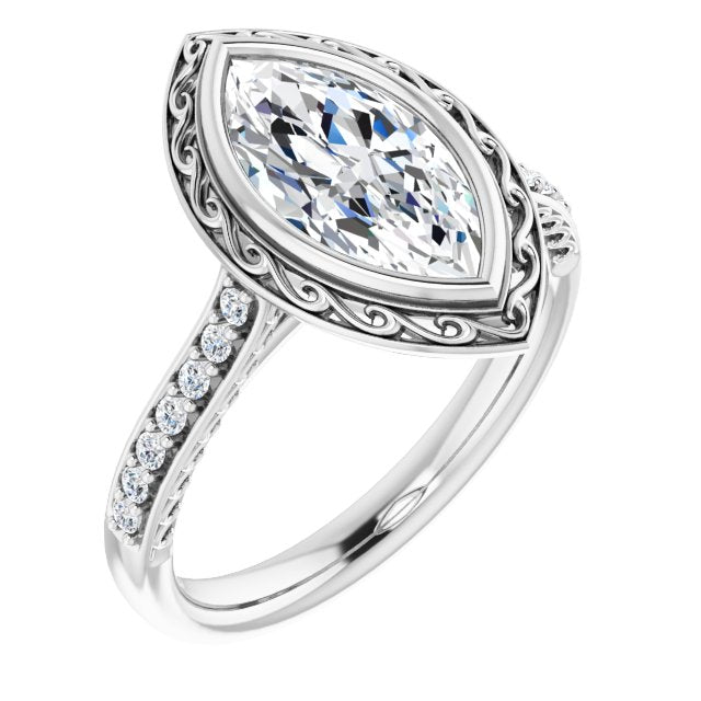 Cubic Zirconia Engagement Ring- The Itzayana (Customizable Cathedral-Bezel Marquise Cut Design featuring Accented Band with Filigree Inlay)