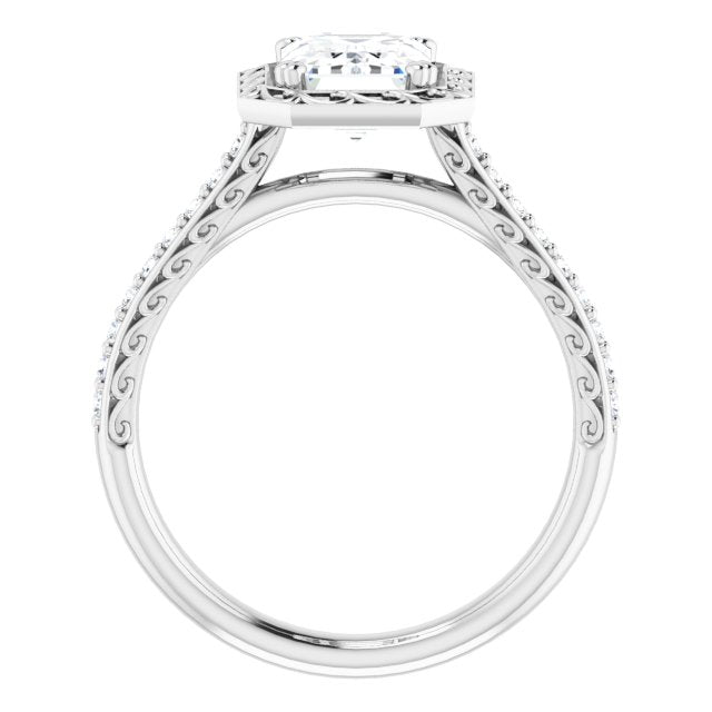 Cubic Zirconia Engagement Ring- The Montserrat  (Customizable Emerald Cut Halo Design with Filigree and Accented Band)