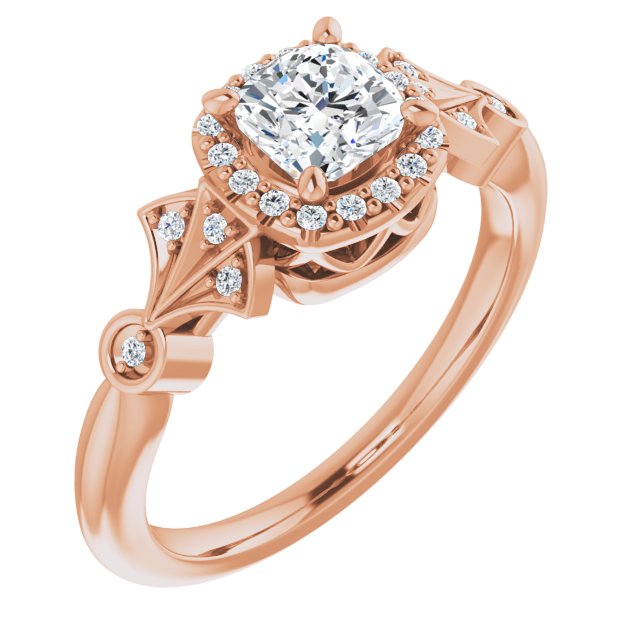 10K Rose Gold Customizable Cathedral-Crown Cushion Cut Design with Halo and Scalloped Side Stones