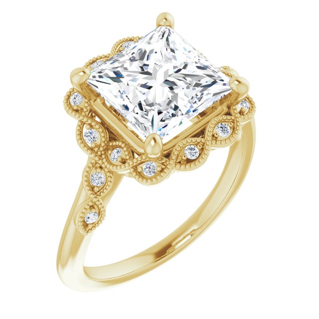10K Yellow Gold Customizable 3-stone Design with Princess/Square Cut Center and Halo Enhancement