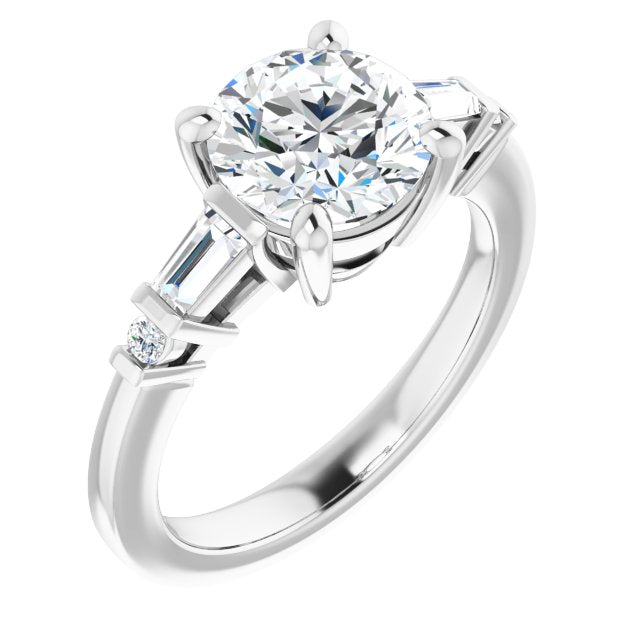18K White Gold Customizable 5-stone Baguette+Round-Accented Round Cut Design)