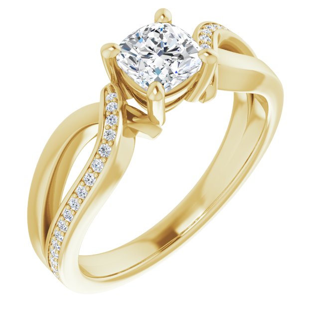 10K Yellow Gold Customizable Cushion Cut Center with Curving Split-Band featuring One Shared Prong Leg