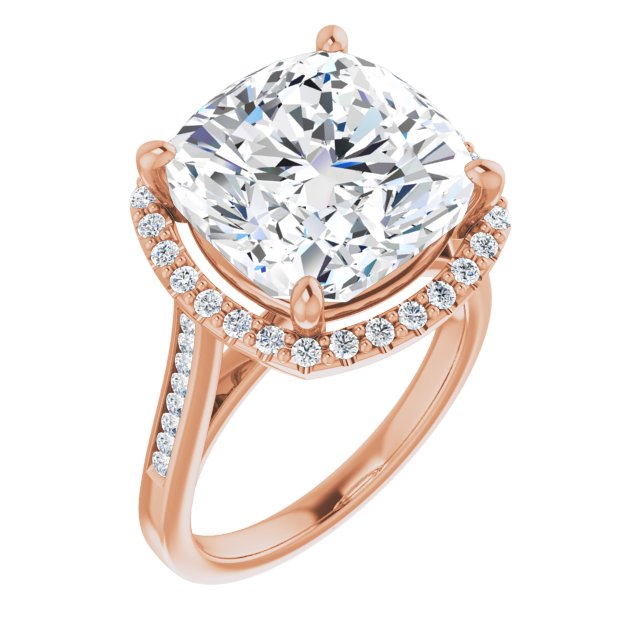 10K Rose Gold Customizable Cushion Cut Design with Halo, Round Channel Band and Floating Peekaboo Accents