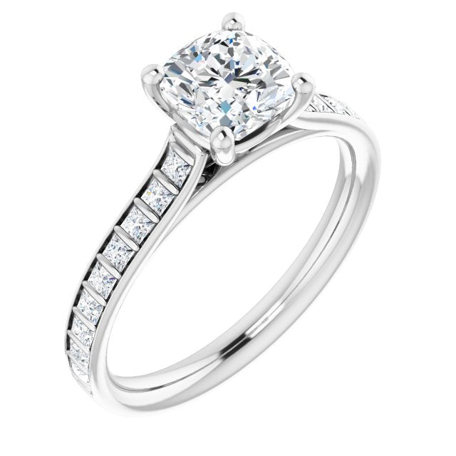 10K White Gold Customizable Cushion Cut Style with Princess Channel Bar Setting
