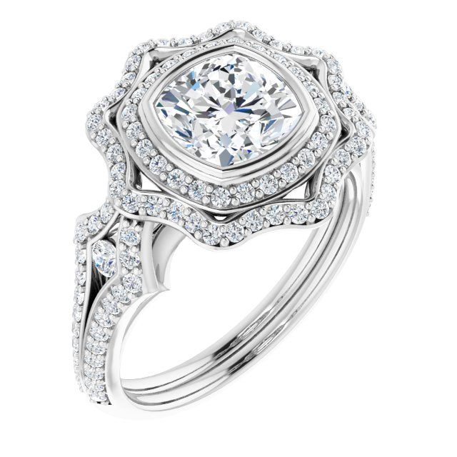 Cubic Zirconia Engagement Ring- The Arya (Customizable Cushion Cut Style with Ultra-wide Pavé Split-Band and Nature-Inspired Double Halo)