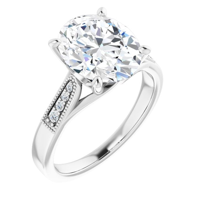 10K White Gold Customizable 9-stone Vintage Design with Oval Cut Center and Round Band Accents