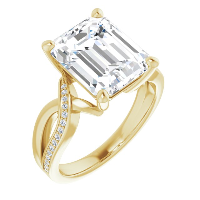 10K Yellow Gold Customizable Emerald/Radiant Cut Center with Curving Split-Band featuring One Shared Prong Leg