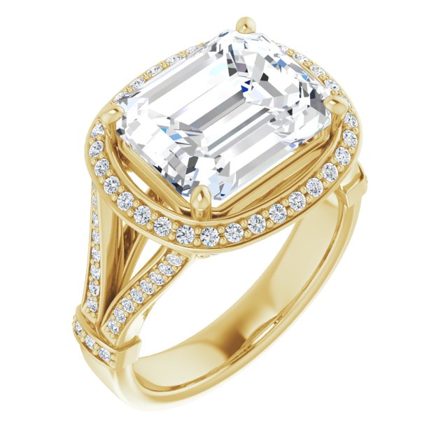 10K Yellow Gold Customizable Emerald/Radiant Cut Setting with Halo, Under-Halo Trellis Accents and Accented Split Band