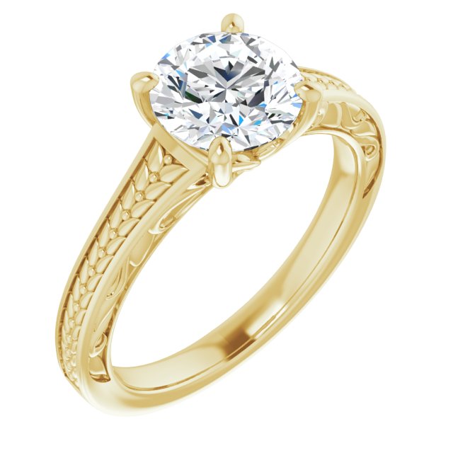 10K Yellow Gold Customizable Round Cut Solitaire with Organic Textured Band and Decorative Prong Basket