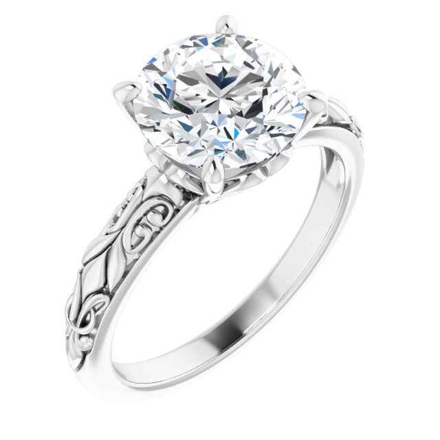 10K White Gold Customizable Round Cut Solitaire featuring Delicate Metal Scrollwork