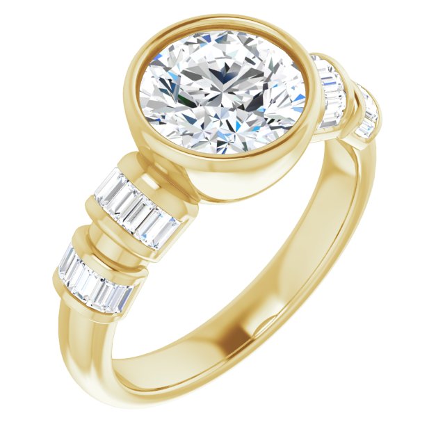 14K Yellow Gold Customizable Bezel-set Round Cut Design with Quad Horizontal Band Sleeves of Baguette Accents