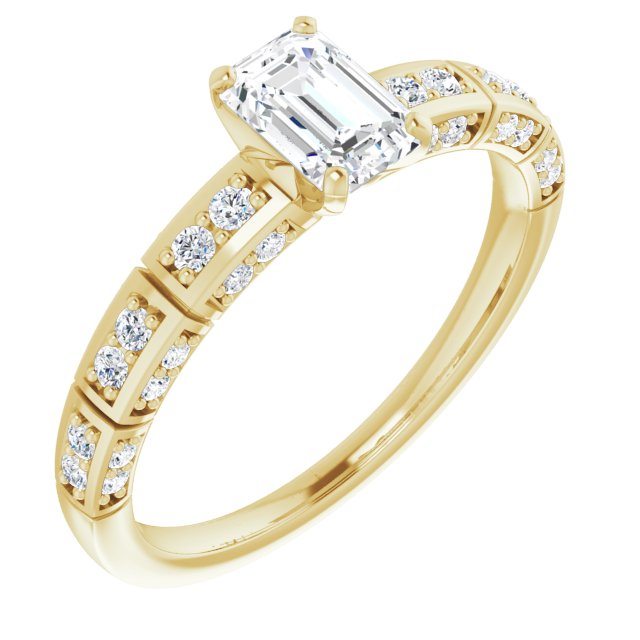 10K Yellow Gold Customizable Emerald/Radiant Cut Style with Three-sided, Segmented Shared Prong Band