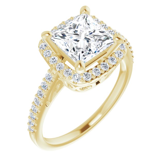 10K Yellow Gold Customizable Cathedral-Crown Princess/Square Cut Design with Halo and Accented Band