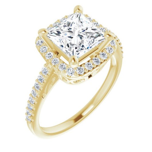 10K Yellow Gold Customizable Cathedral-Crown Princess/Square Cut Design with Halo and Accented Band