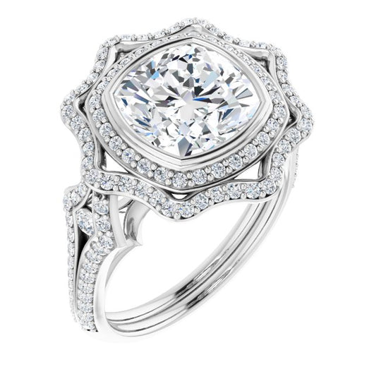 10K White Gold Customizable Cushion Cut Style with Ultra-wide Pavé Split-Band and Nature-Inspired Double Halo