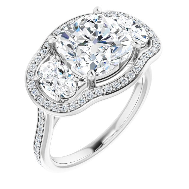 10K White Gold Customizable Cushion Cut Style with Oval Cut Accents, 3-stone Halo & Thin Shared Prong Band