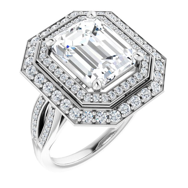 10K White Gold Customizable Cathedral-style Emerald/Radiant Cut Design with Double Halo & Split-Pavé Band