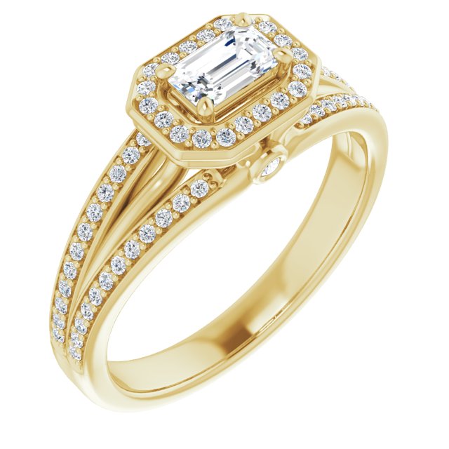10K Yellow Gold Customizable High-set Emerald/Radiant Cut Design with Halo, Wide Tri-Split Shared Prong Band and Round Bezel Peekaboo Accents