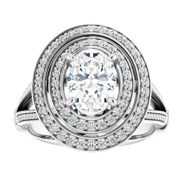 Cubic Zirconia Engagement Ring- The Chaunte (Customizable Cathedral-set Oval Cut Design with Double Halo, Wide Split-Shared Prong Band and Side Knuckle Accents)
