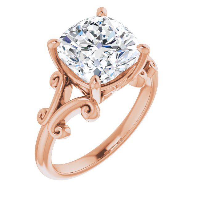 10K Rose Gold Customizable Cushion Cut Solitaire with Band Flourish and Decorative Trellis