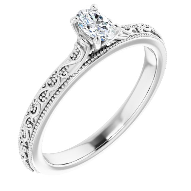 10K White Gold Customizable Oval Cut Solitaire with Delicate Milgrain Filigree Band