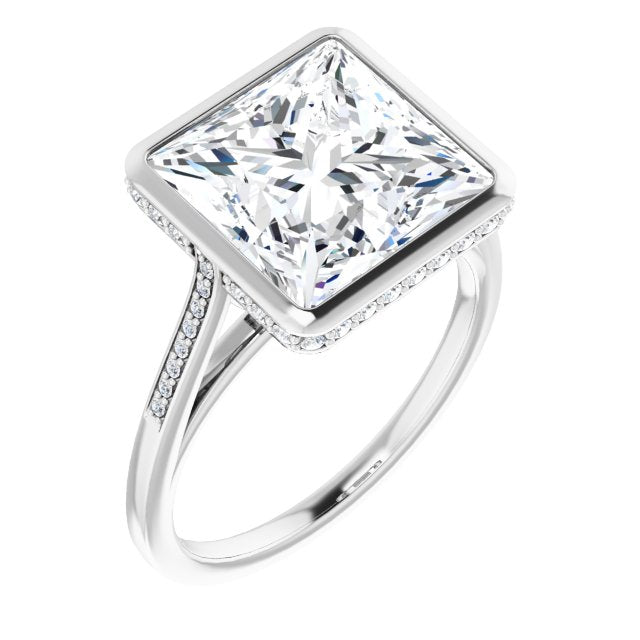 10K White Gold Customizable Cathedral-Bezel Princess/Square Cut Style with Under-halo and Shared Prong Band