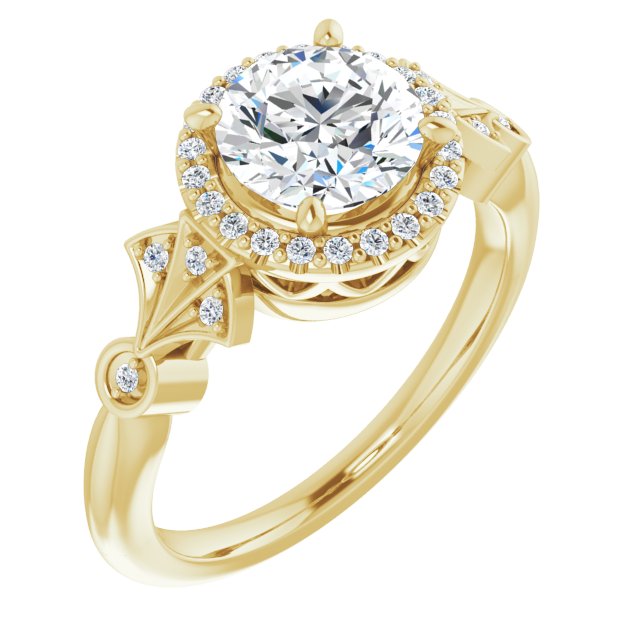 10K Yellow Gold Customizable Cathedral-Crown Round Cut Design with Halo and Scalloped Side Stones