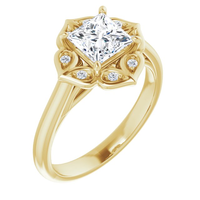 10K Yellow Gold Customizable Cathedral-raised Princess/Square Cut Design with Star Halo & Round-Bezel Peekaboo Accents