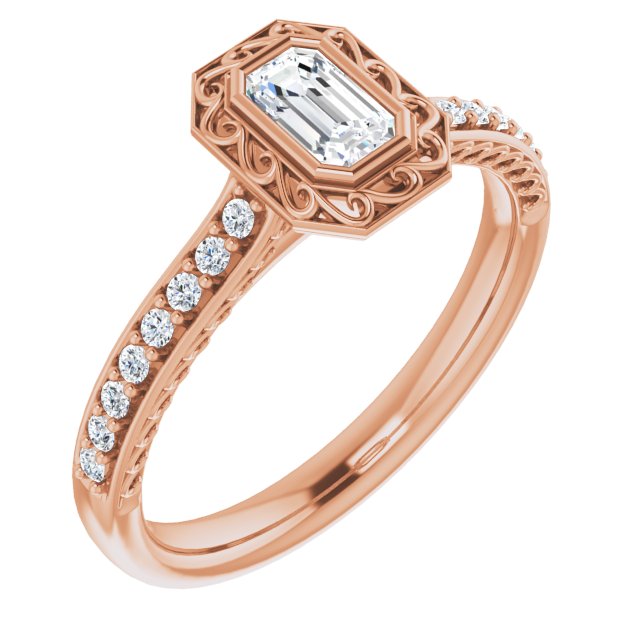 10K Rose Gold Customizable Cathedral-Bezel Emerald/Radiant Cut Design featuring Accented Band with Filigree Inlay