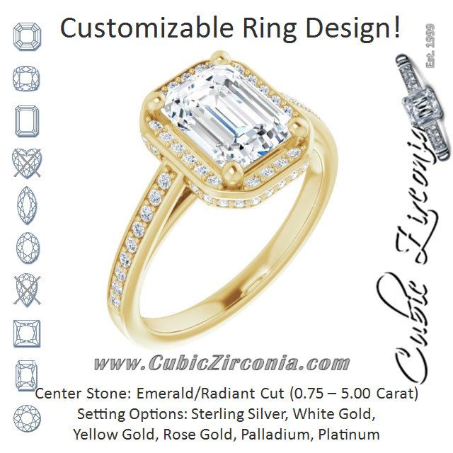 Cubic Zirconia Engagement Ring- The Estelle (Customizable Cathedral-Halo Emerald Cut Design with Under-halo & Shared Prong Band)