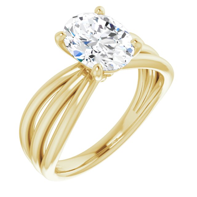 10K Yellow Gold Customizable Oval Cut Solitaire Design with Wide, Ribboned Split-band