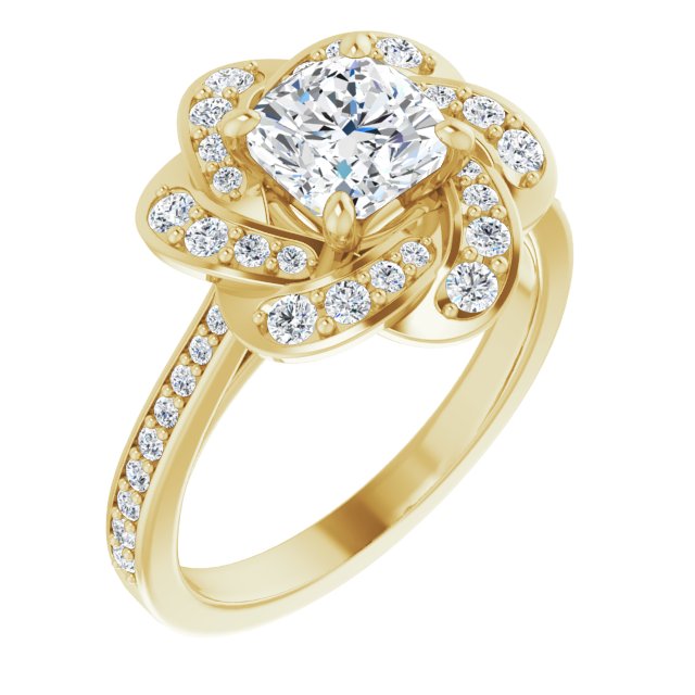 10K Yellow Gold Customizable Cathedral-raised Cushion Cut Design with Floral/Knot Halo and Thin Accented Band