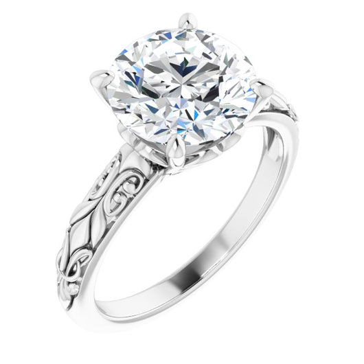 10K White Gold Customizable Round Cut Solitaire featuring Delicate Metal Scrollwork