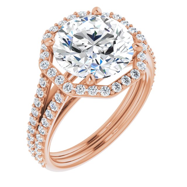 10K Rose Gold Customizable Cathedral Round Cut Design with Geometric Halo & Split Pavé Band