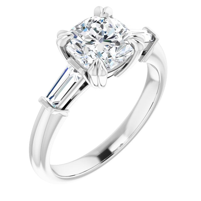 10K White Gold Customizable 3-stone Cushion Cut Design with Tapered Baguettes