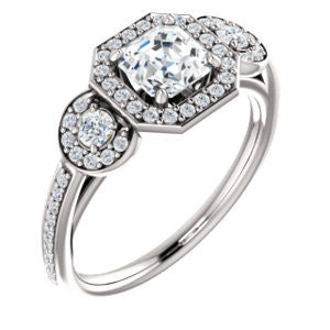 Cubic Zirconia Engagement Ring- The Téa (Round Cut Customizable 3-Stone Cathedral-Halo with Accented Band)