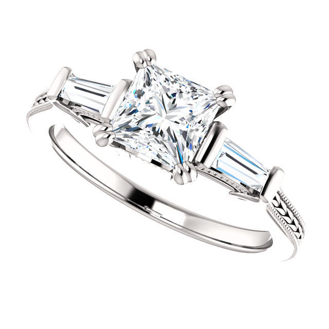Cubic Zirconia Engagement Ring- The Kimiko (Customizable 3-stone Princess Cut Design with Baguette Accents and Thin Wheat-Filigree Band)
