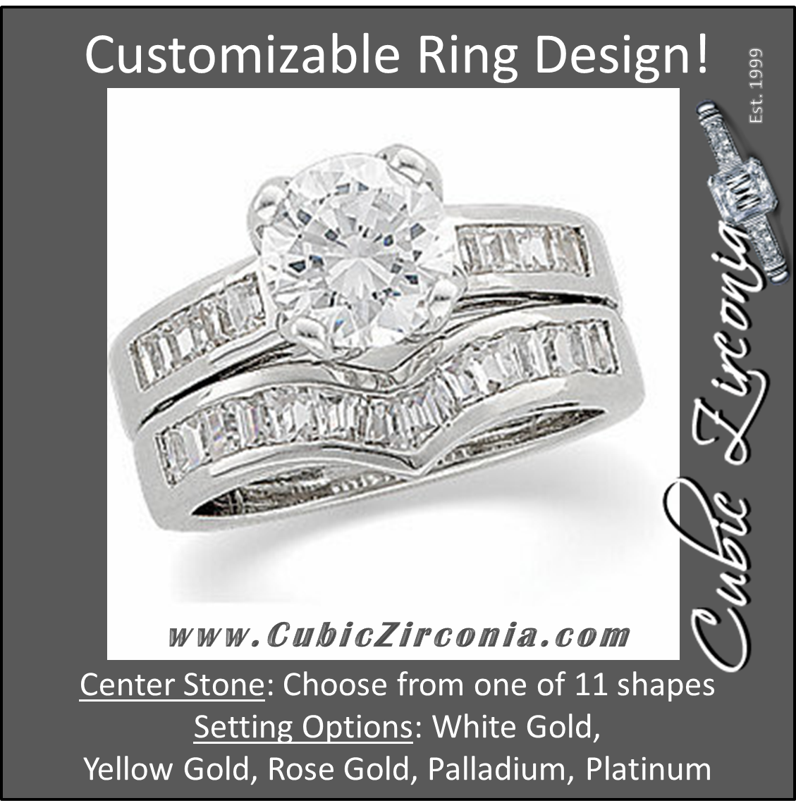 CZ Wedding Set, *Clearance* Style 05-11 feat The Rochelle Engagement Ring (5.0 Carat Round Cut Baguette Channel in 10K White Gold)
